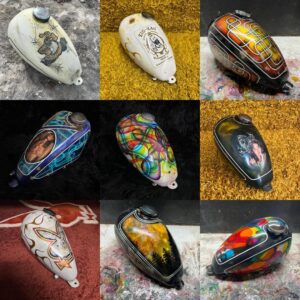 I am running a winter special on aged paint work,you send me a new bare metal tank and I’ll paint it for 1000.00 plus return shipping. Half down other half and shipping when complete. Fender and oil bags prices discussed if needed. All parts must be new and bare metal and it’s aged paint only at this price.
